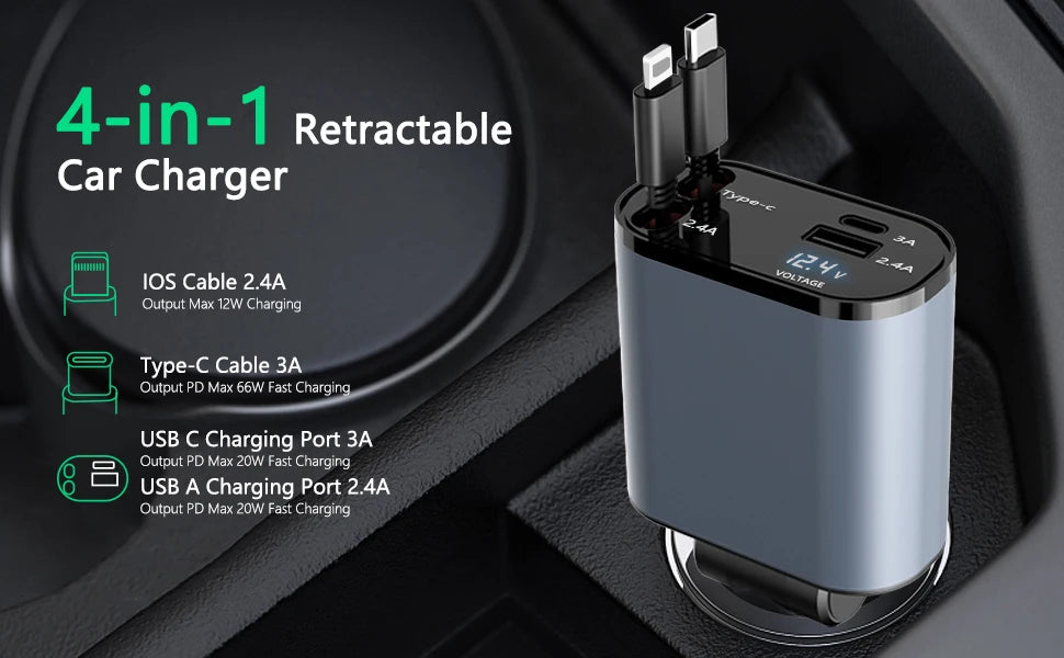 4 in 1 Retractable Car Phone Charger